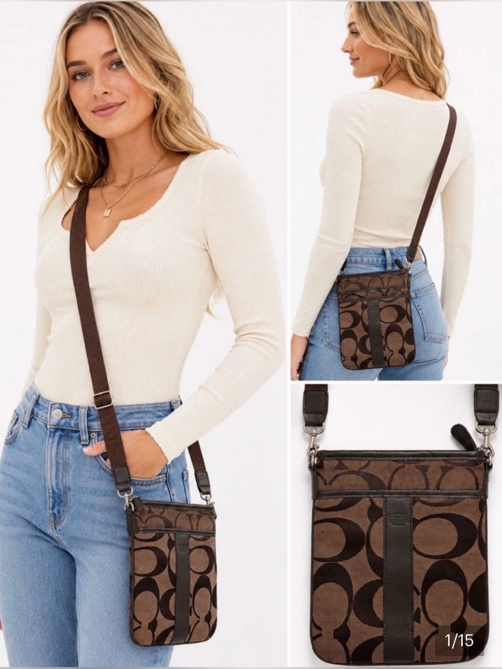 Coach Signature Brown Jacquard Crossbody Bag Y2K Mini Messenger Purse